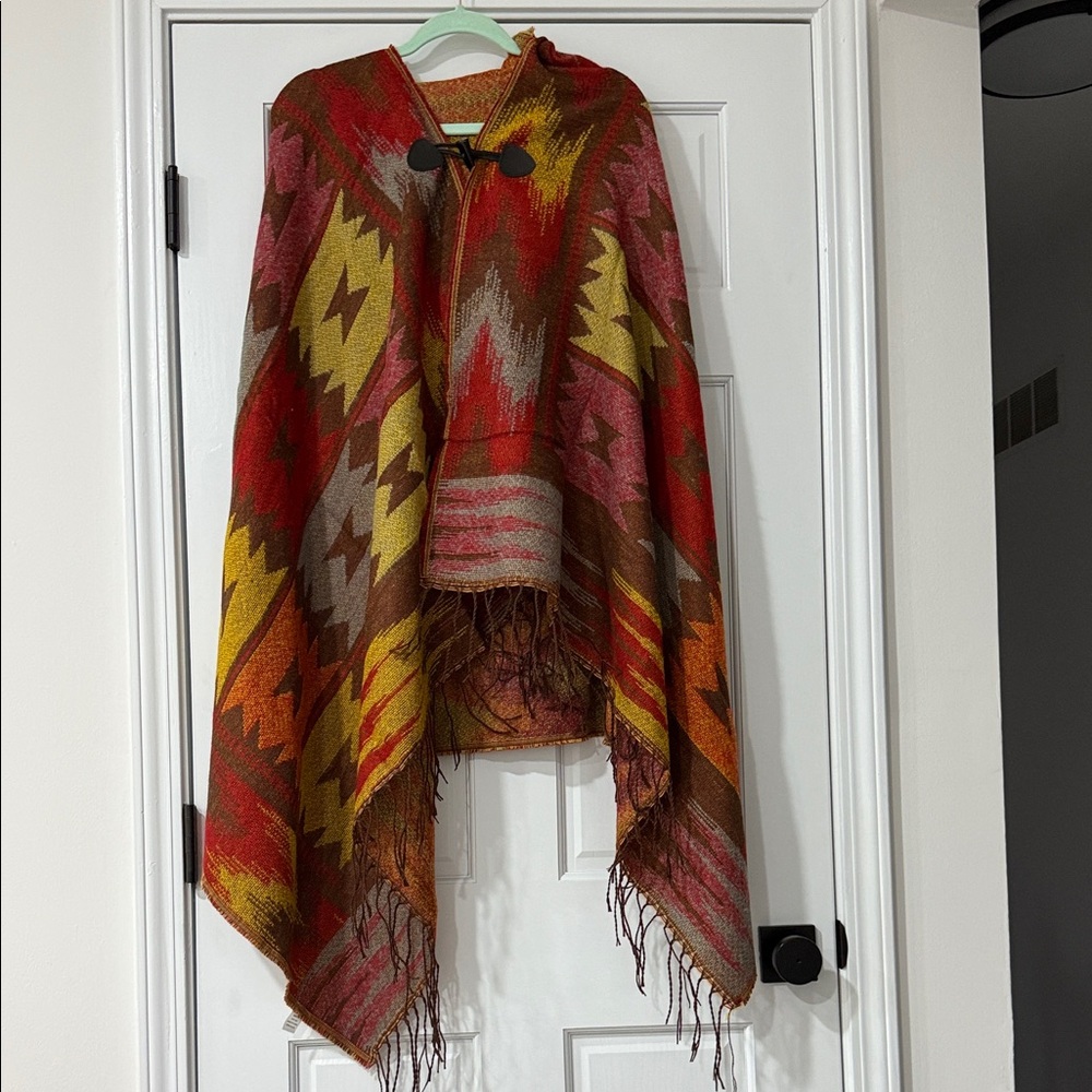 Southwestern Patterned Poncho Red, Yellow, Brown Azteca print Hooded with Fringe